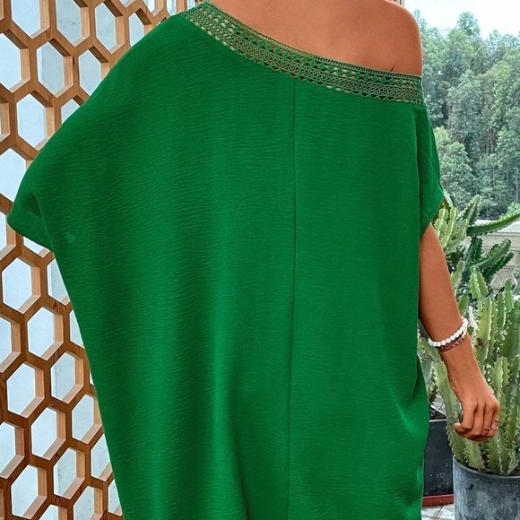 Green Boho Womens Asymmetrical Neck Batwing Sleeve Guipure Lace Trim Dress - Picture 2 of 5